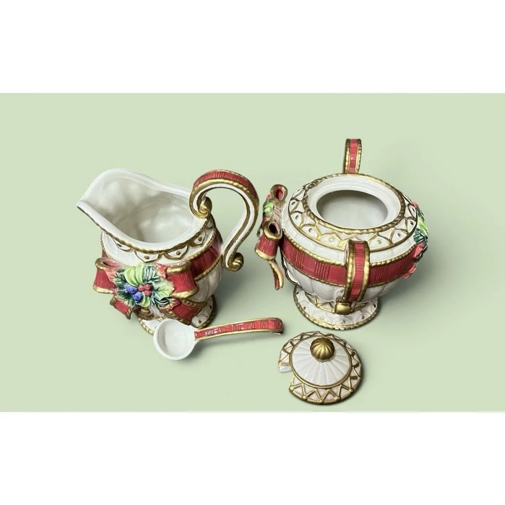 Fitz & Floyd Christmas Deer Creamer Sugar Bowl Spoon Red Bow Ribbon Tassel VTG